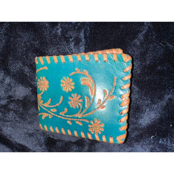 VINTAGE TURQUOISE TOOLED LEATHER WALLET BILLFOLD - Picture 2 of 4